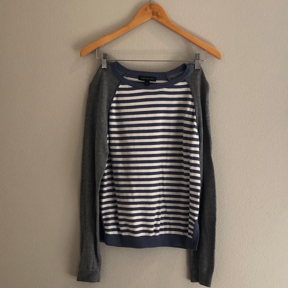 Soft sweater!  Gray with blue and white stripes